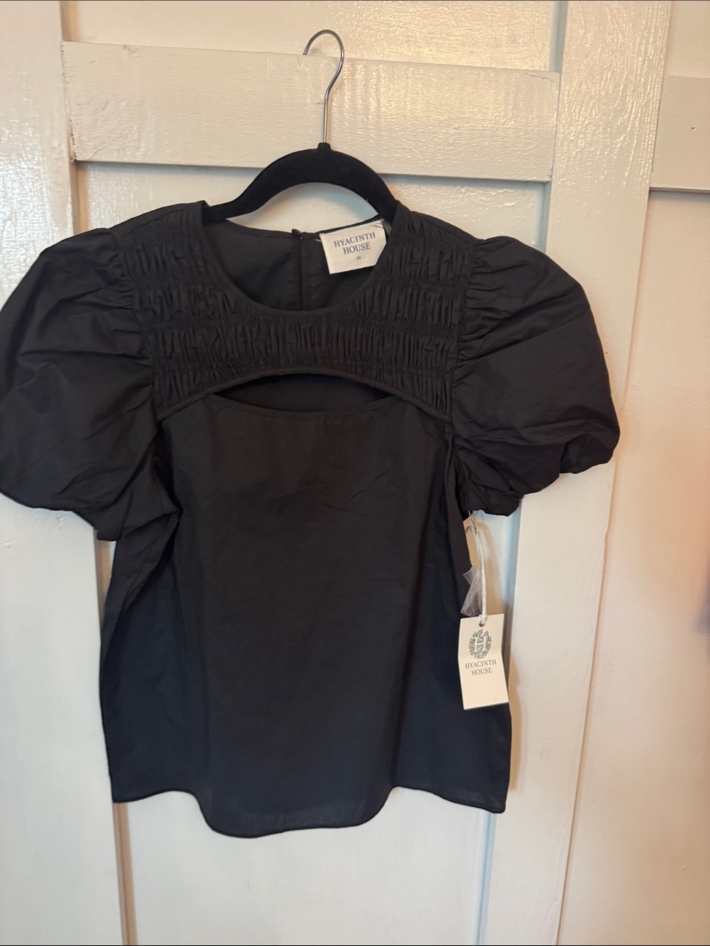 Hyacinth House Black Puff-Sleeve Cutout Blouse